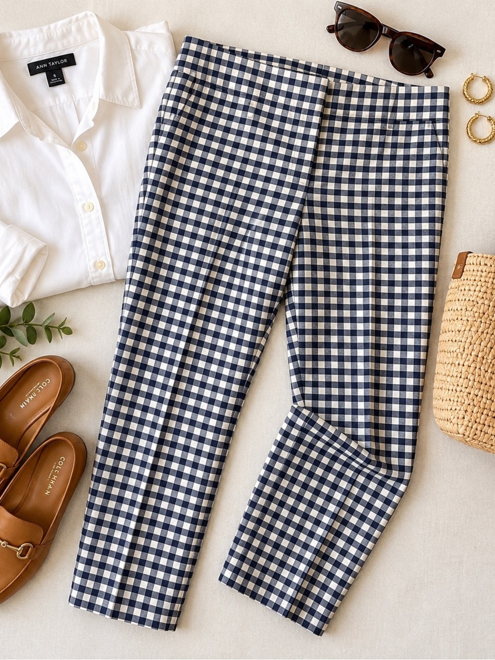 Ann Taylor Navy & White Gingham Check Cropped Pants Size 8 Preppy
